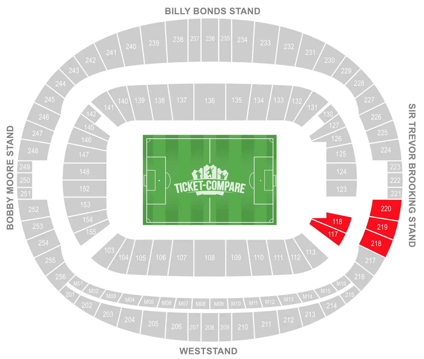 London Stadium seating plan med markeret udebaneafsnit