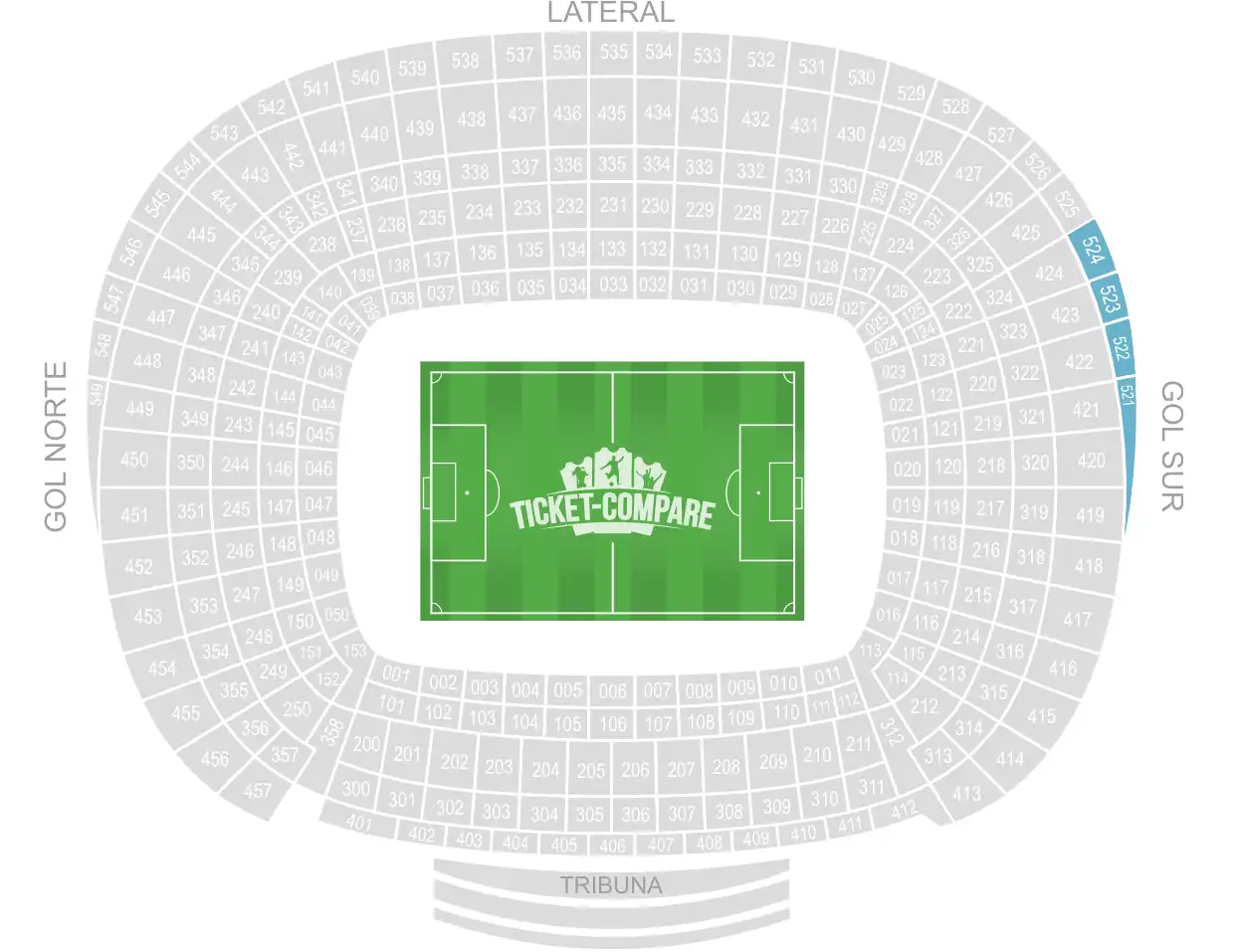 Camp Nou Seating Plan med udebane-sektion markeret