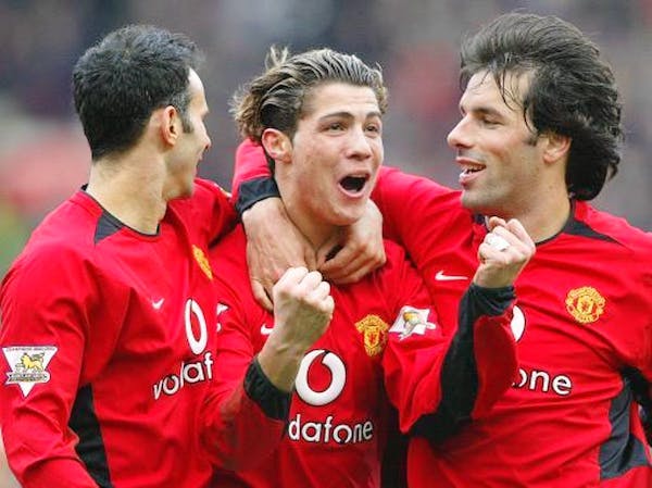 Ronaldo Man U debut game - cristiano stands next to ryan giggs and Ruud Van Nistelrooy