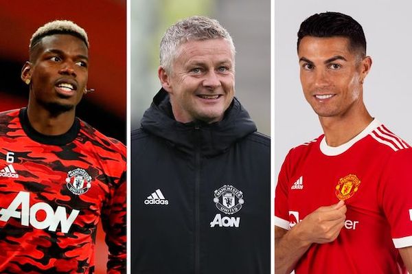 Paul Pogba, Ole Gunnar Solskjær og Cristiano Ronaldo