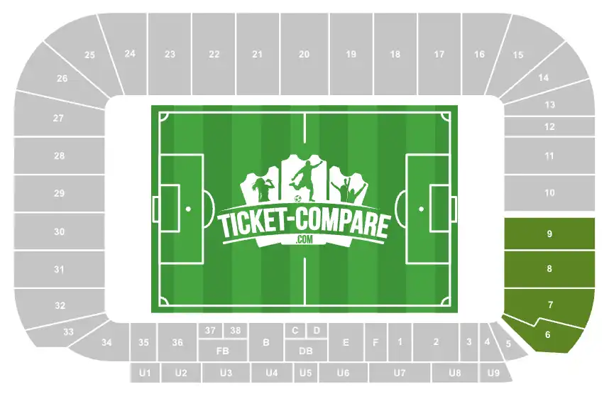 Screenshot of CBS Arena Stadium seating plan with the Away section highlighted