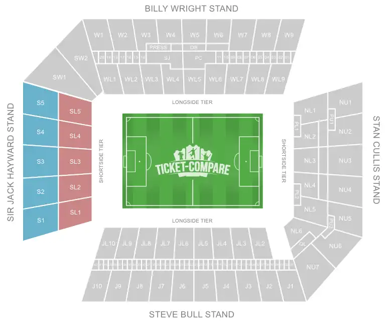 Molineux Stadium Seating Plan med Sir Jack Hayward Stand fremhævet
