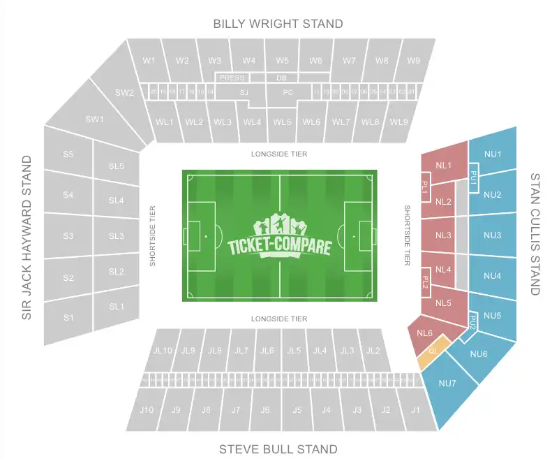 Molineux Stadium Seating Plan med Stan Cullis Stand fremhævet