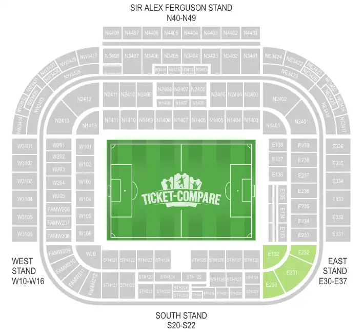 Old Trafford Seating Plan with Away section Highligted
