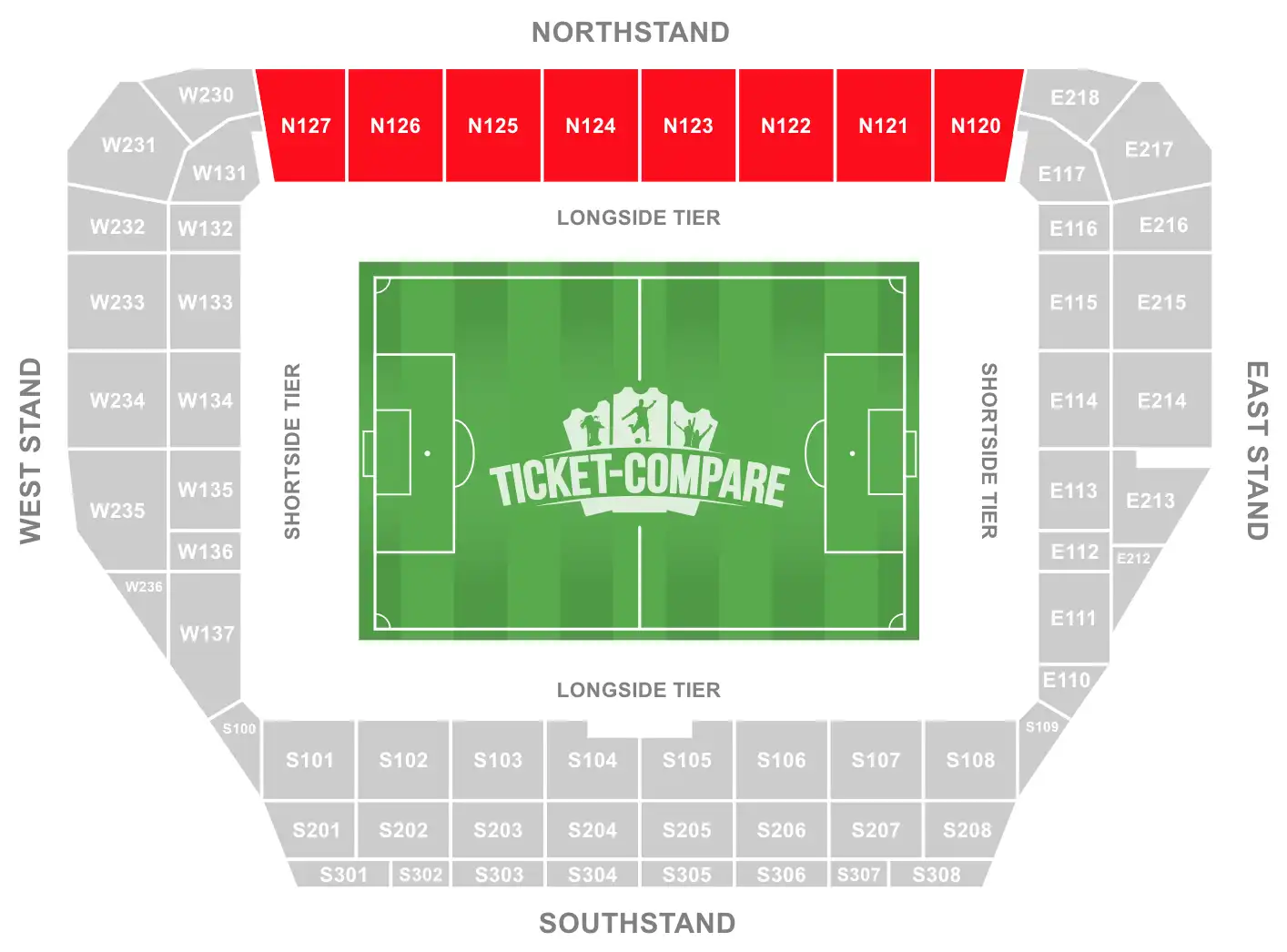 Community Stadium Seating Plan med fremhævet nordtribune
