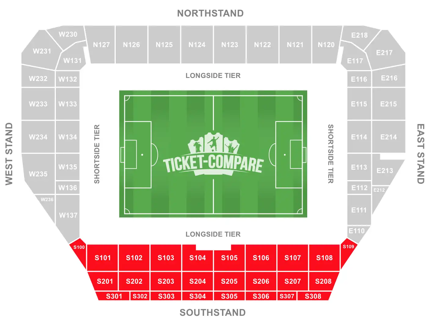 Community Stadium Seating Plan med fremhævet sydtribune