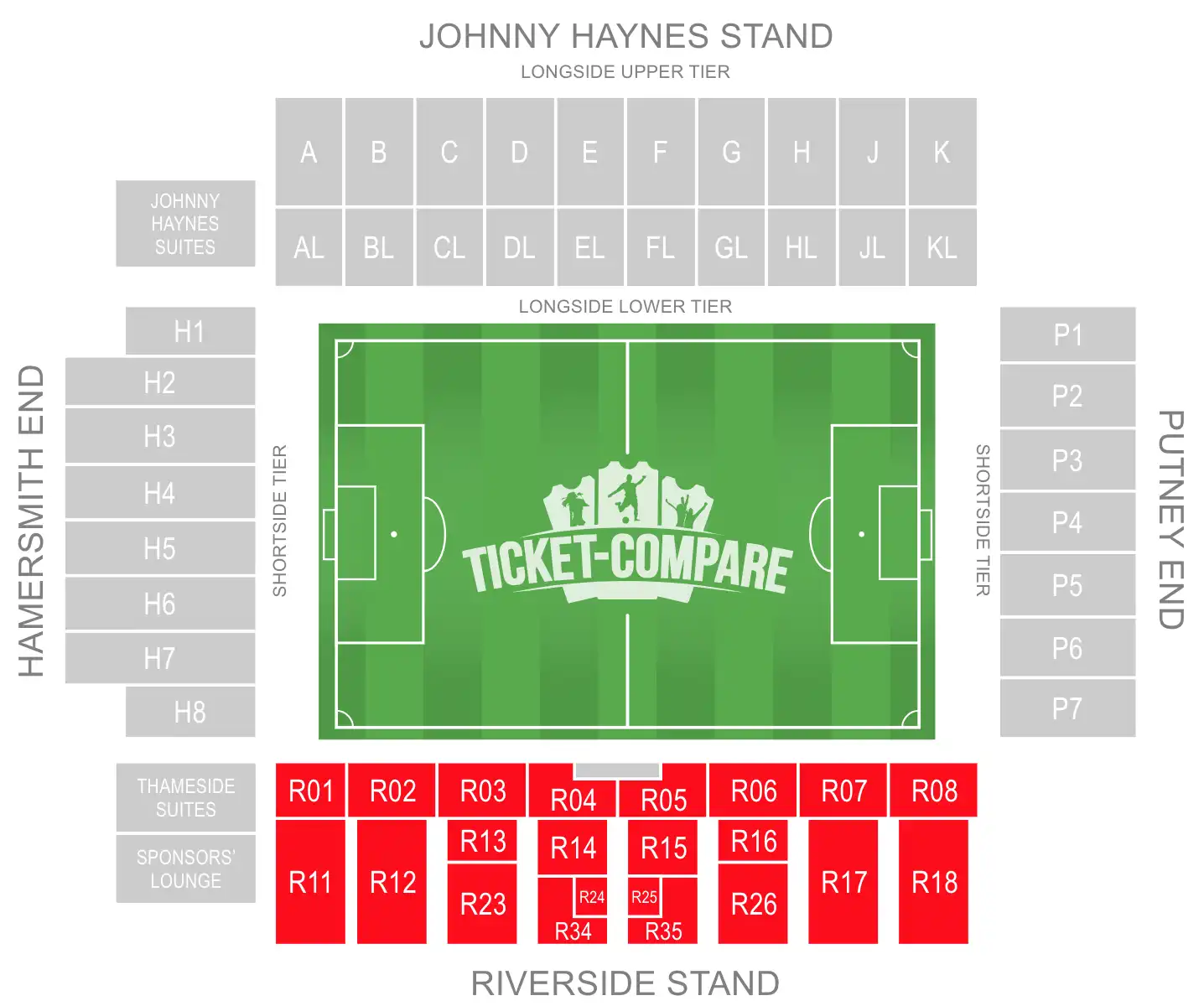 Craven Cottage Seating Plan med Riverside Stand