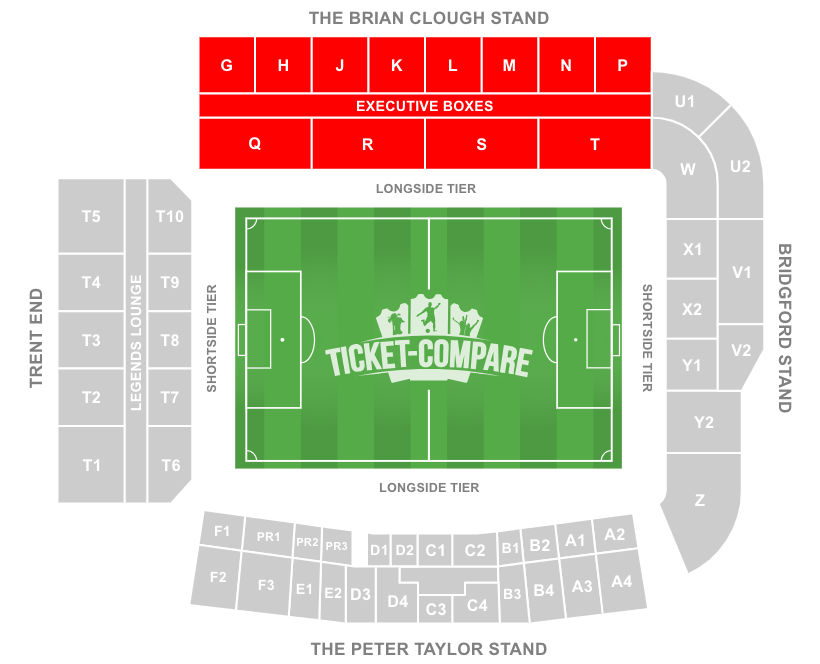 screenshot af City Ground Stadium Seating plan med fremhævet Brian Clough Stand