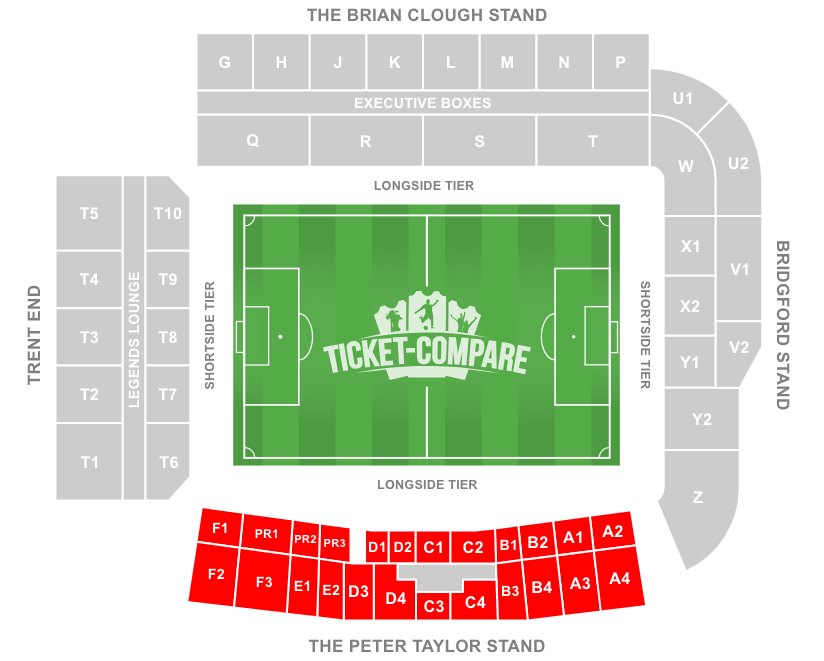 screenshot af City Ground Stadium Seating plan med fremhævet Peter Taylor Stand