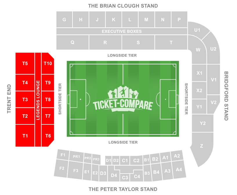 screenshot af City Ground Stadium Seating plan med fremhævet Trent End
