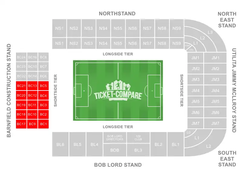 Turf Moor Stadium Seating Plan med Away sektionen markeret