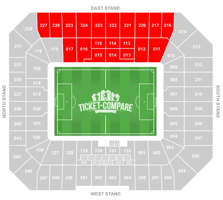 Hill Dickinson Stadium Seating Plan med East Stand markeret
