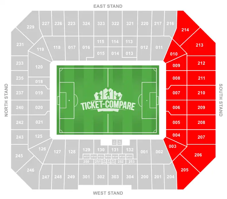 Hill Dickinson Stadium Seating Plan med South Stand markeret