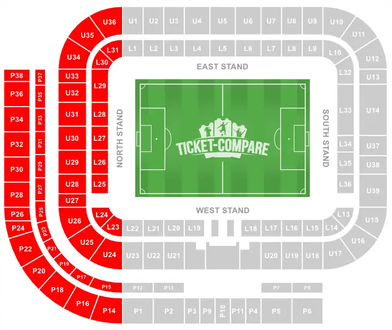 Stadium of Light seating plan med North Stand markeret