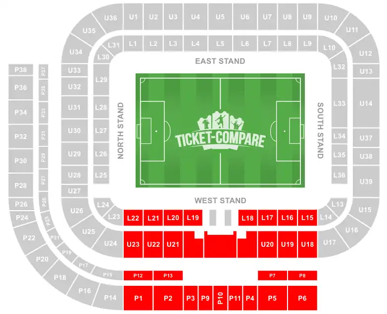 Stadium of Light seating plan med West Stand markeret