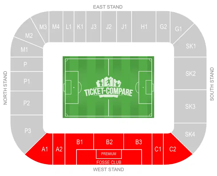 King Power Stadium Sædeplan – West Stand fremhævet