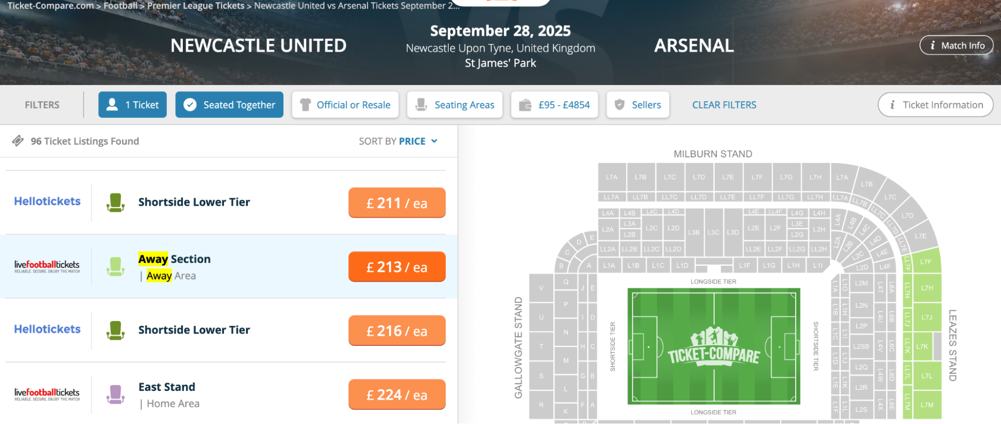 Screenshot: Newcastle vs Arsenal billetter