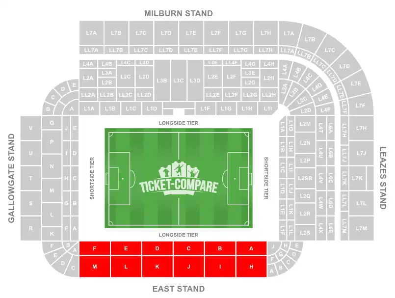St James' Park Stadium Seating Plan med East Stand fremhævet