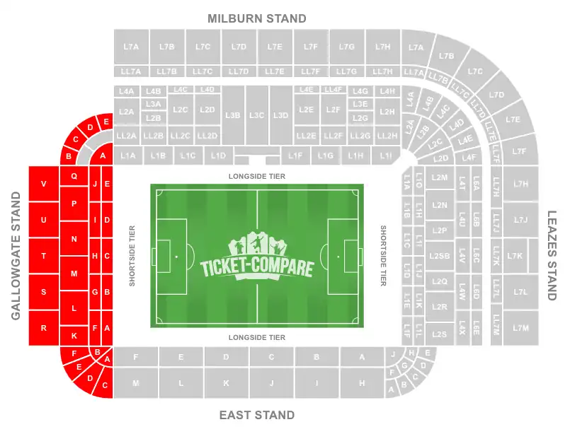 St James' Park Stadium Seating Plan med Gallowgate Stand fremhævet