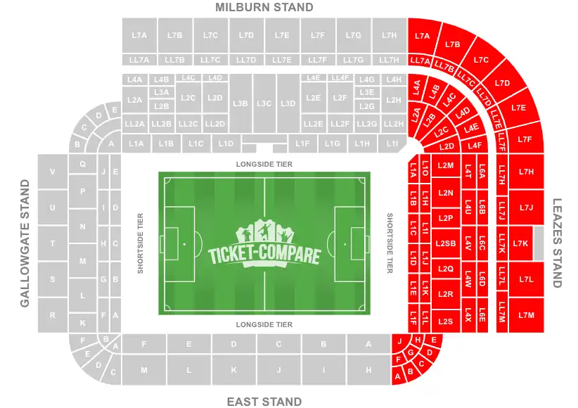 St James' Park Stadium Seating Plan med Leazes Stand fremhævet