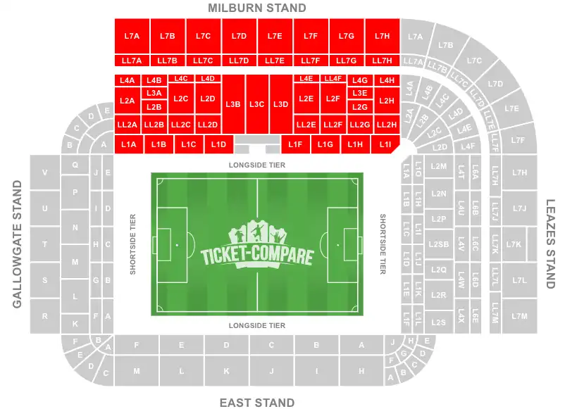 St James' Park Stadium Seating Plan med Milburn Stand fremhævet