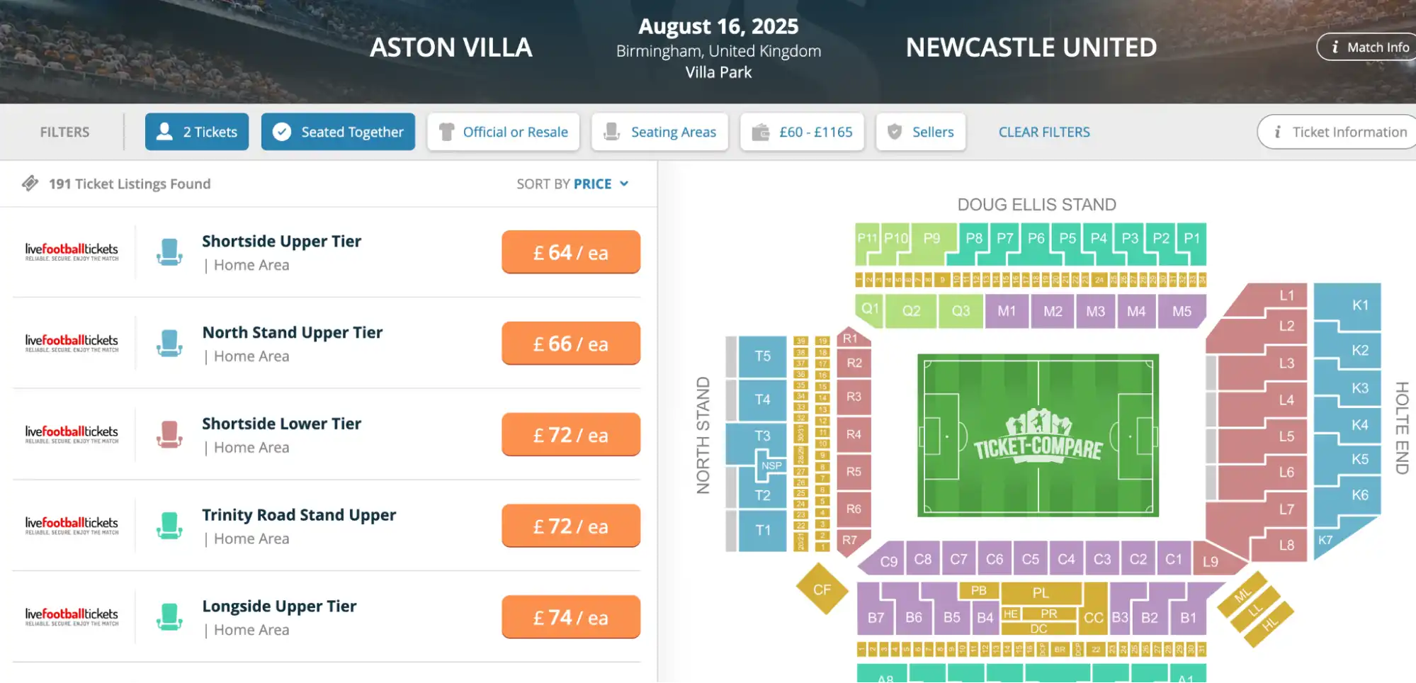 screenshot of Aston Villa tickets on the Ticket-Compare website
