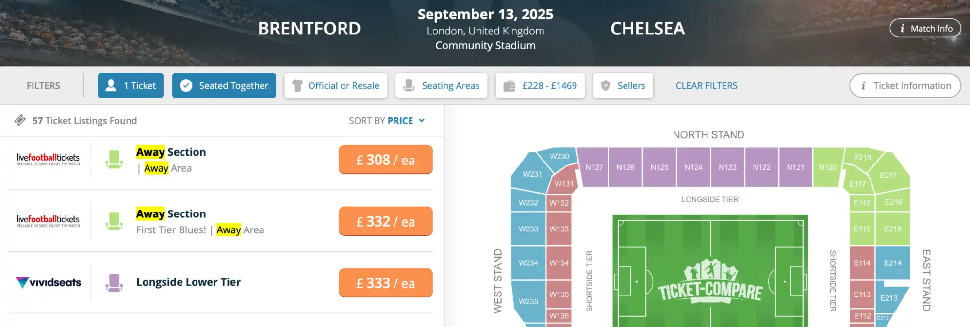 screenshot of Away Section tickets on Community Stadium