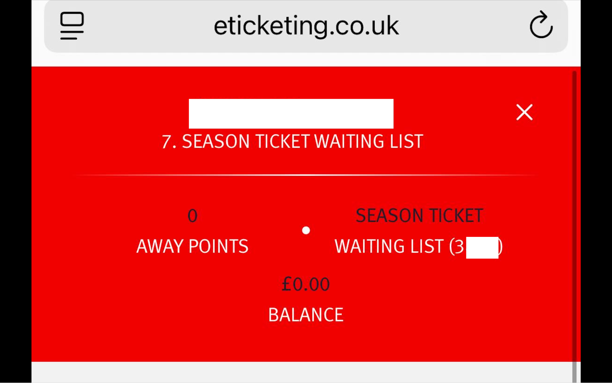 Screenshot: Arsenal Season Ticket Waiting List på eticketing.co.uk