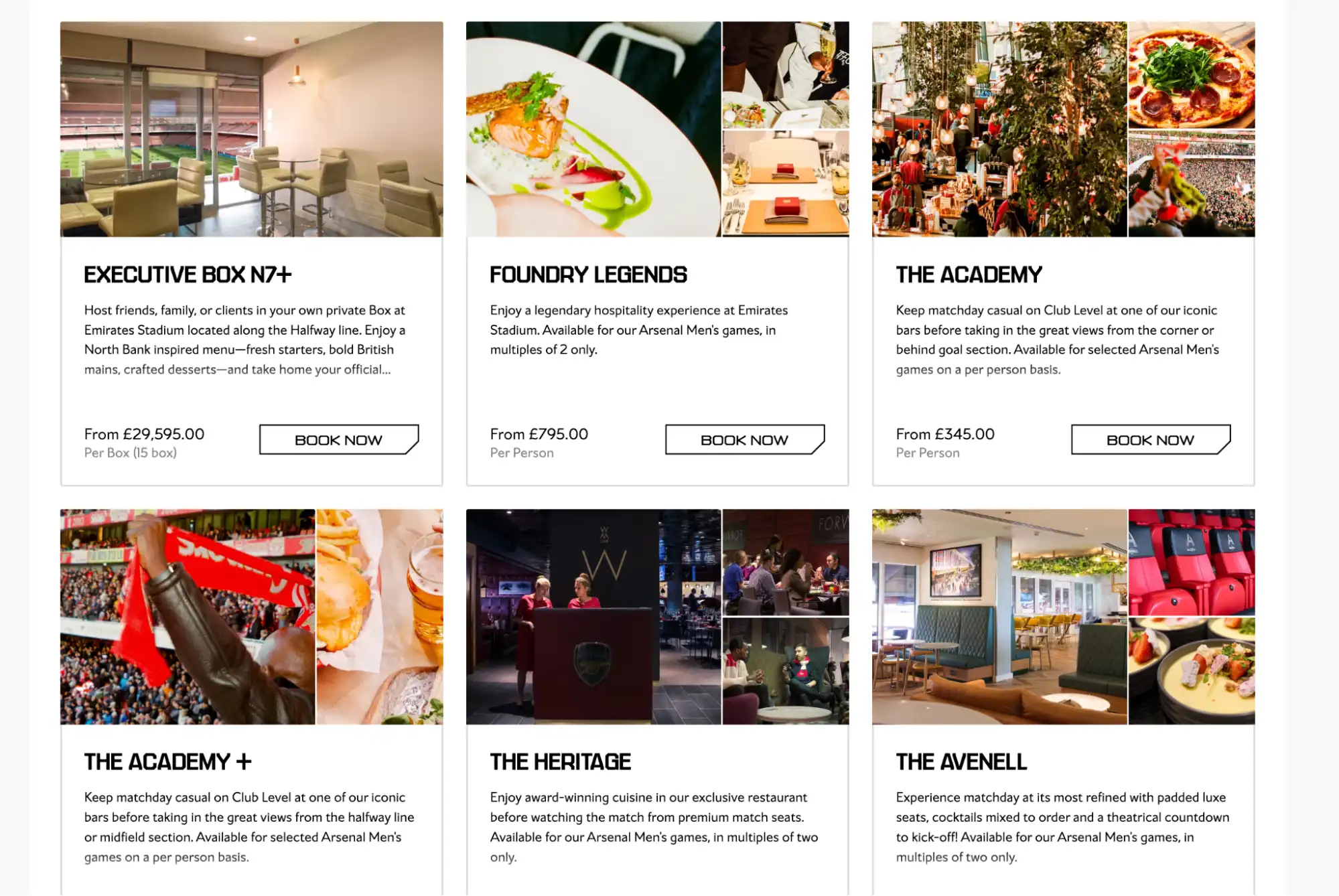 screenshot af Arsenals udvalg af Hospitality-pakker