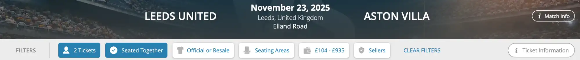 screenshot af Leeds United V Aston Villa match menu