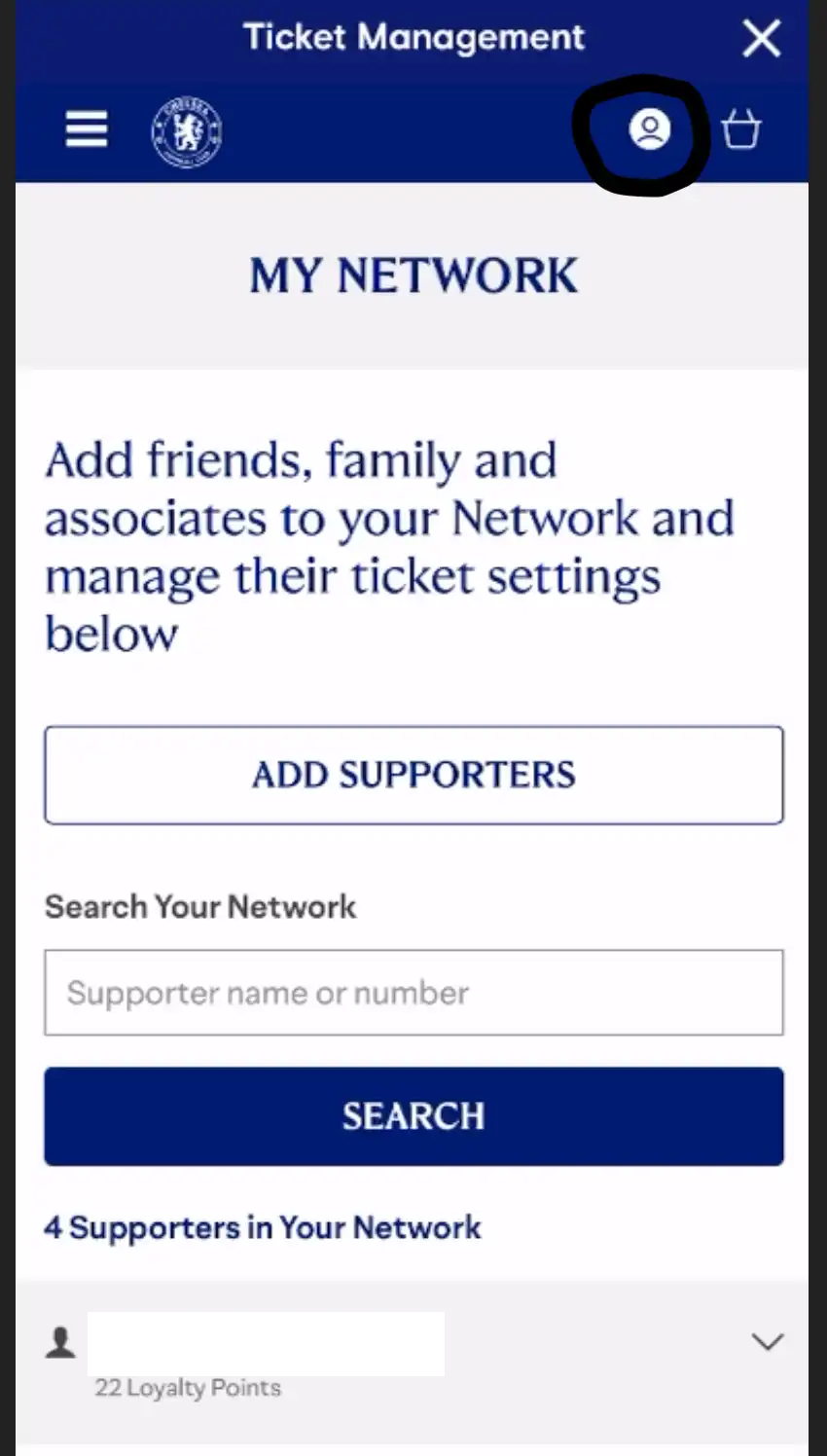 screenshot af 'My Network' med Loyalitetspoint for Chelsea-fans