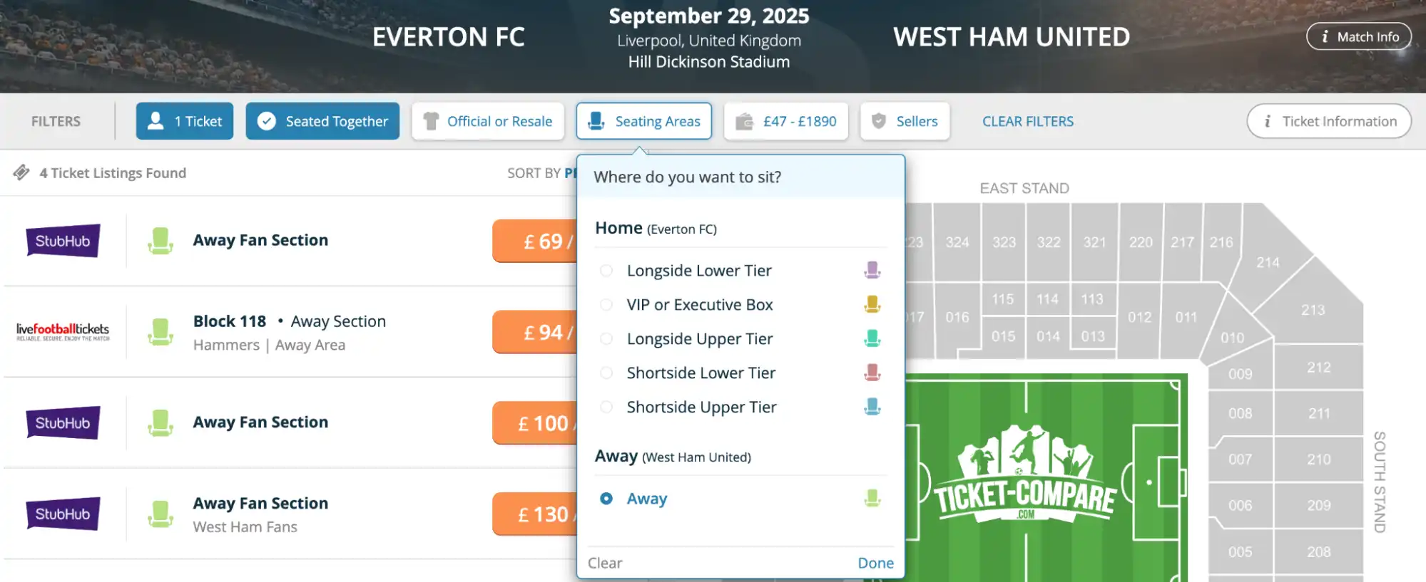 screenshot af Seating Areas-menu
