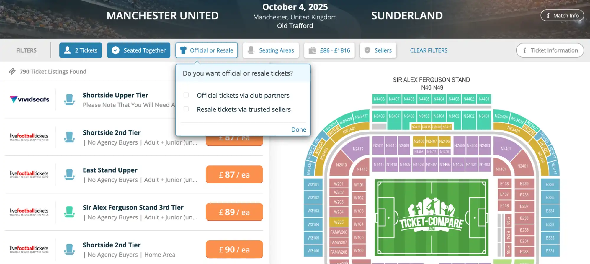 screenshot of official/resale tickets option