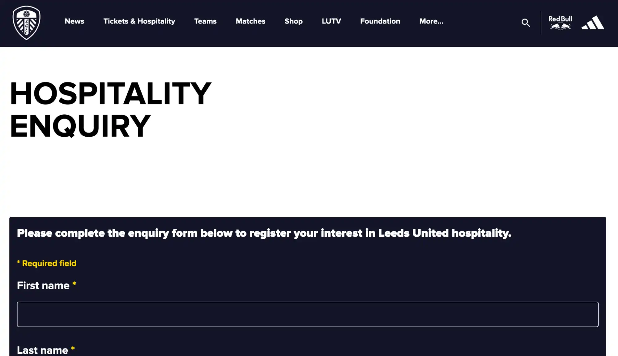 screenshot af Hospitality Enquiry page