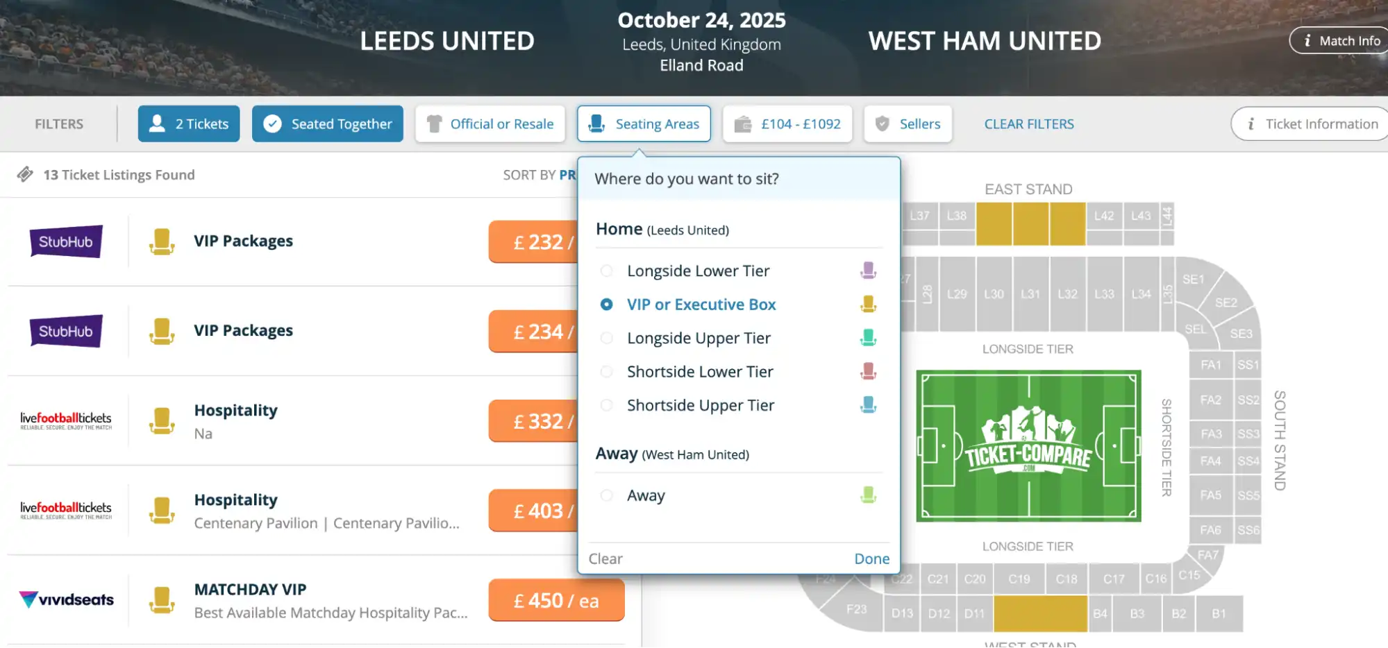 screenshot af Seating Areas menu Leeds United VS West Ham United
