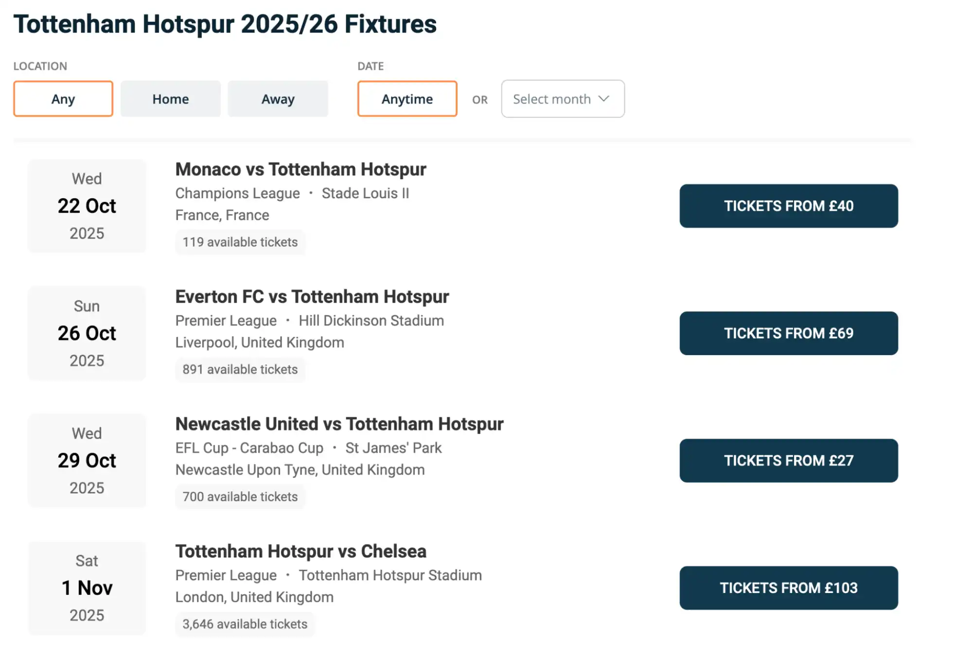 Tottenham Hotspur Fixtures