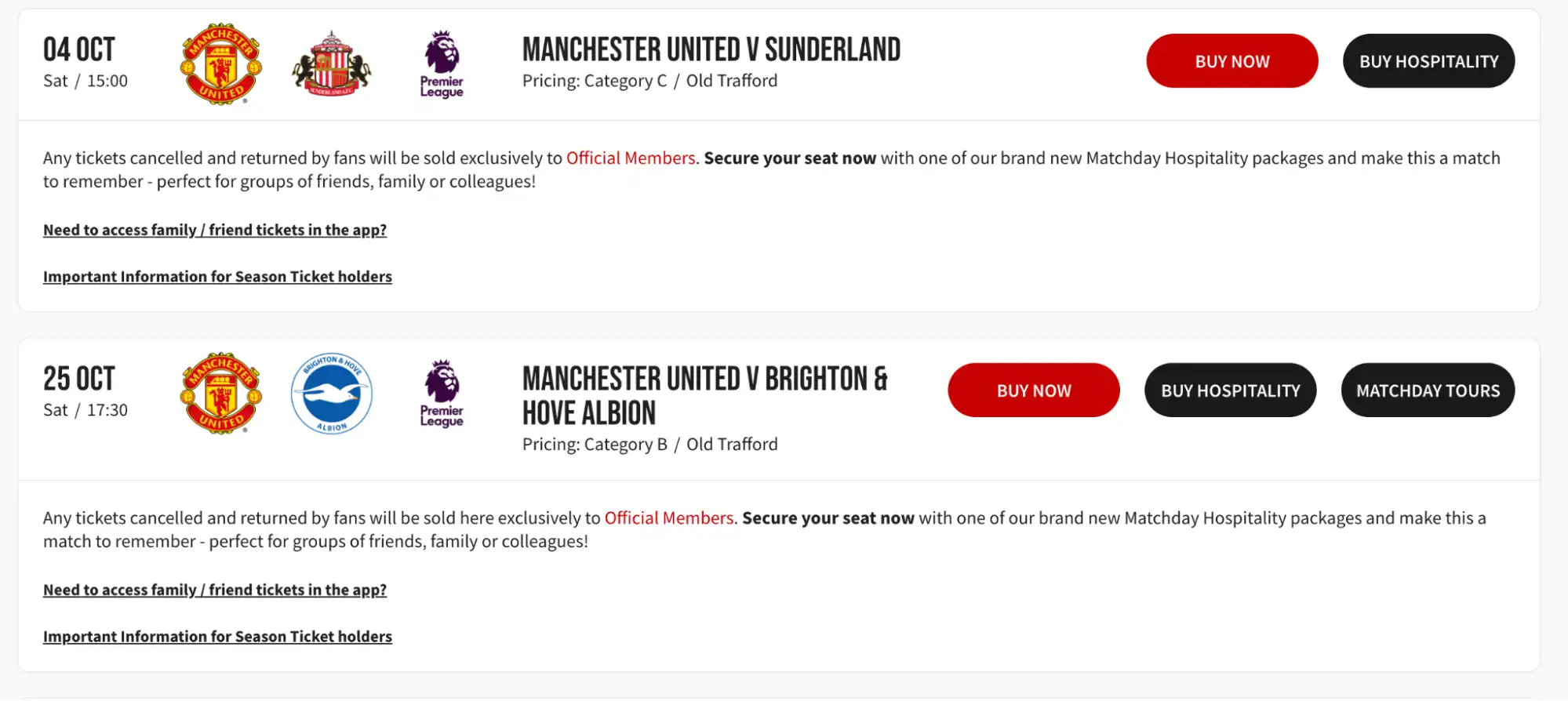 screenshot af Manchester United kampprogram på officiel side
