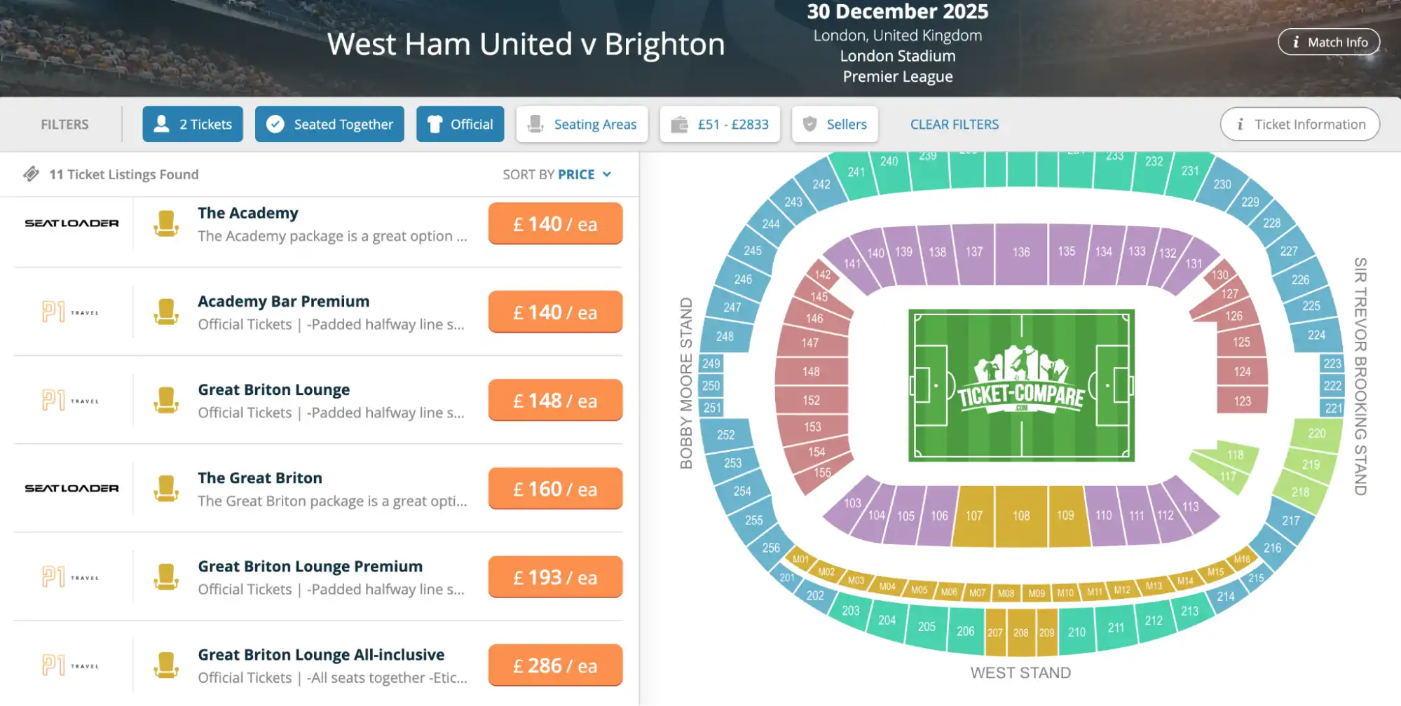 Screenshot of West Ham United v Brighton match tickets on Ticket-Compare.com