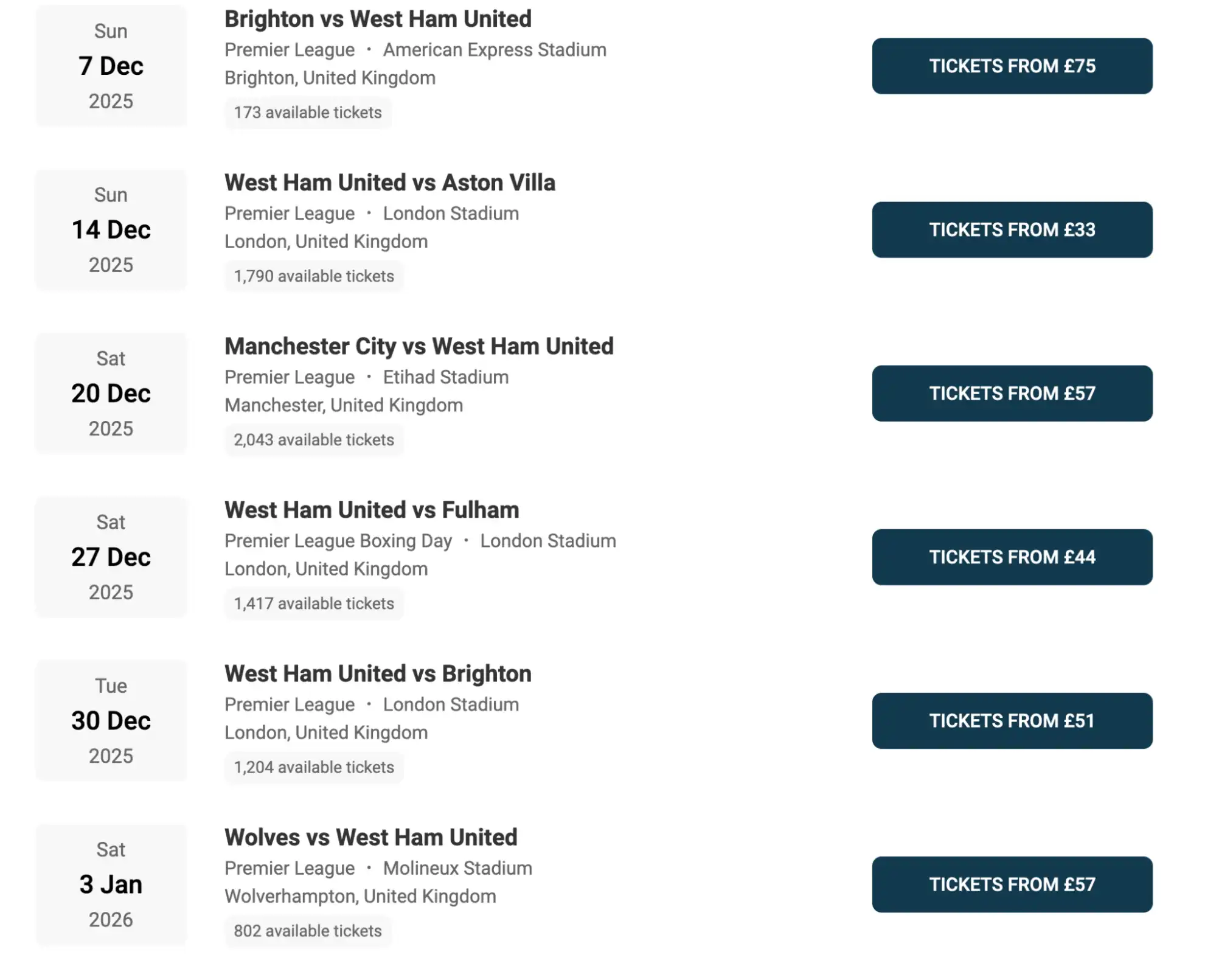 screenshot of West Ham United Fixtures on Ticket-Compare.com