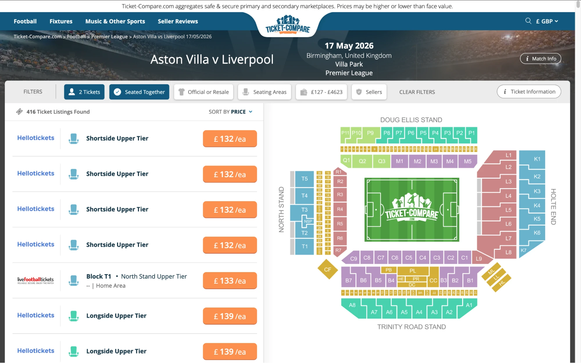 Screenshot of Aston Villa v Liverpool tickets page on Ticket-Compare.com
