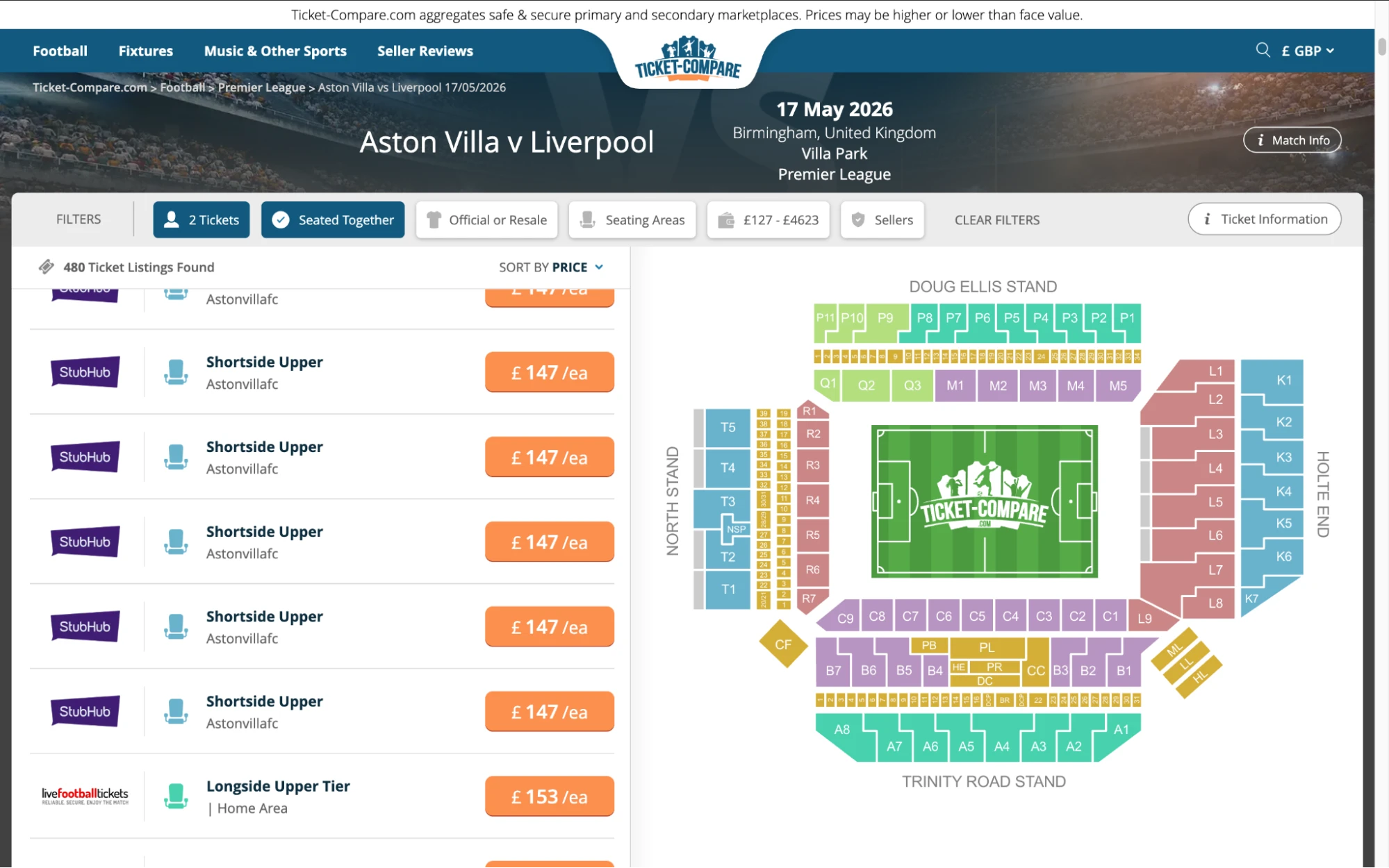 Screenshot af Aston Villa v Liverpool billetsiden