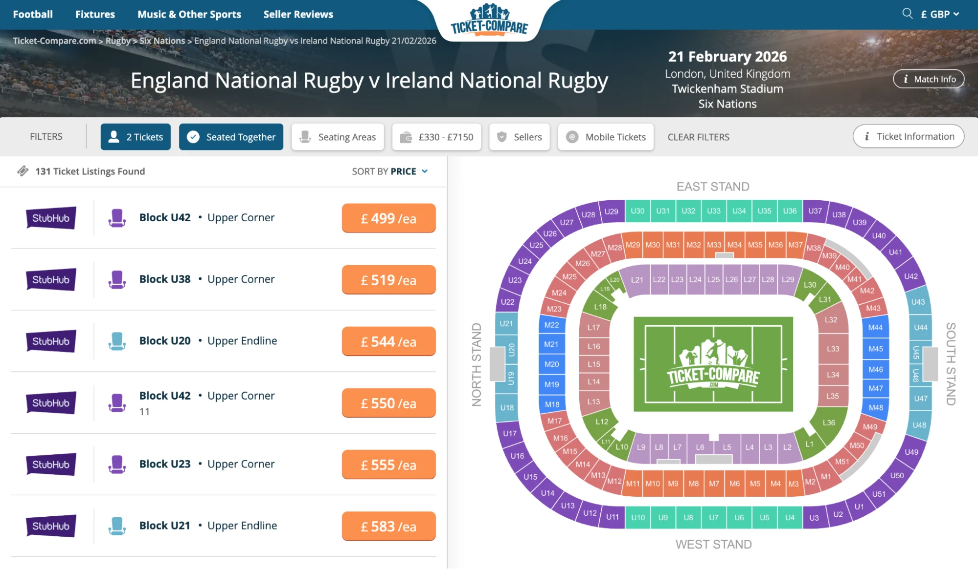 Screenshot af England National Rugby vs Ireland billetter