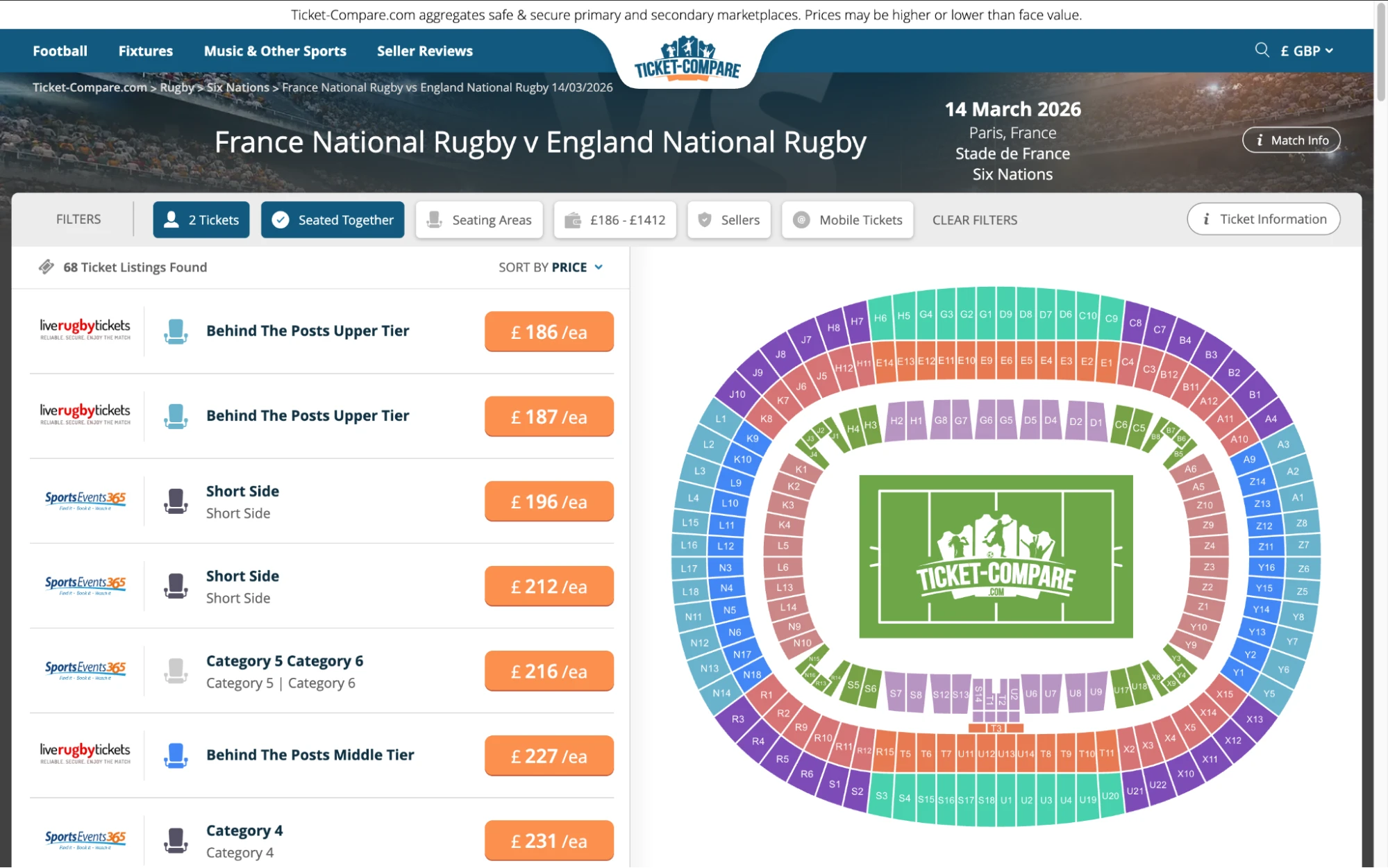 Screenshot af Frankrig National Rugby v England National Rugby-billetsiden