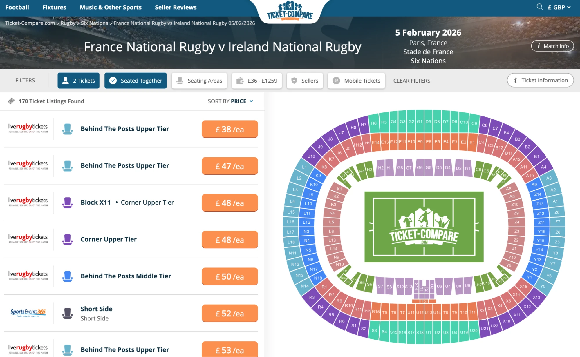 Screenshot of France National Rugby v Ireland National Rugby tickets