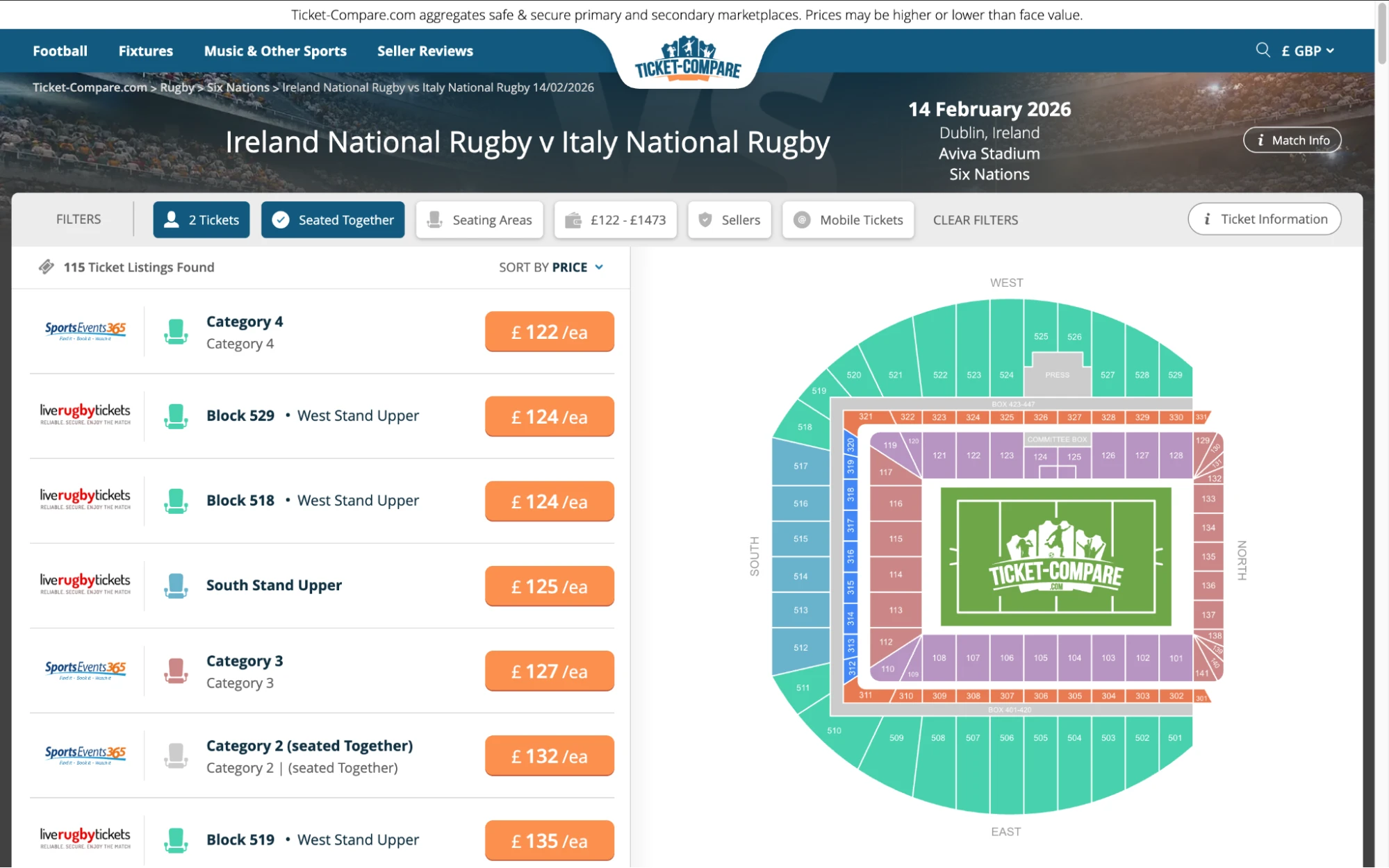 Screenshot of Ireland National Rugby v Italy National Rugby tickets page