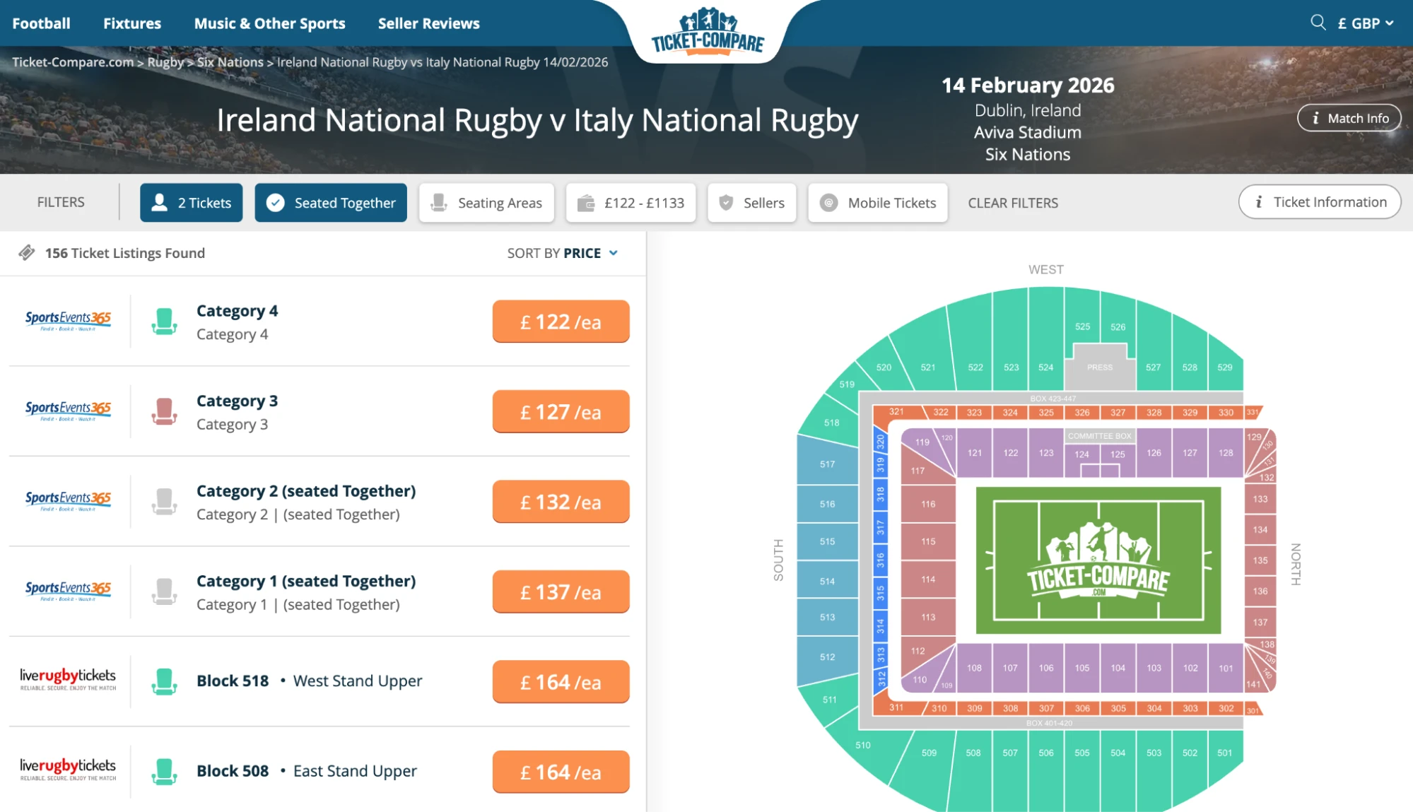 Screenshot af Irland rugby vs Italien rugby billetsiden