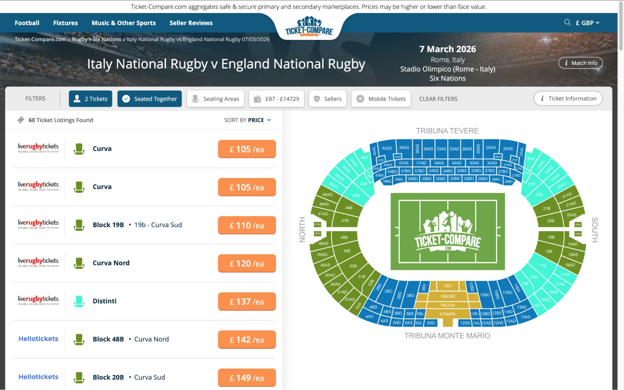 Screenshot of Italy National Rugby v England National Rugby tickets page