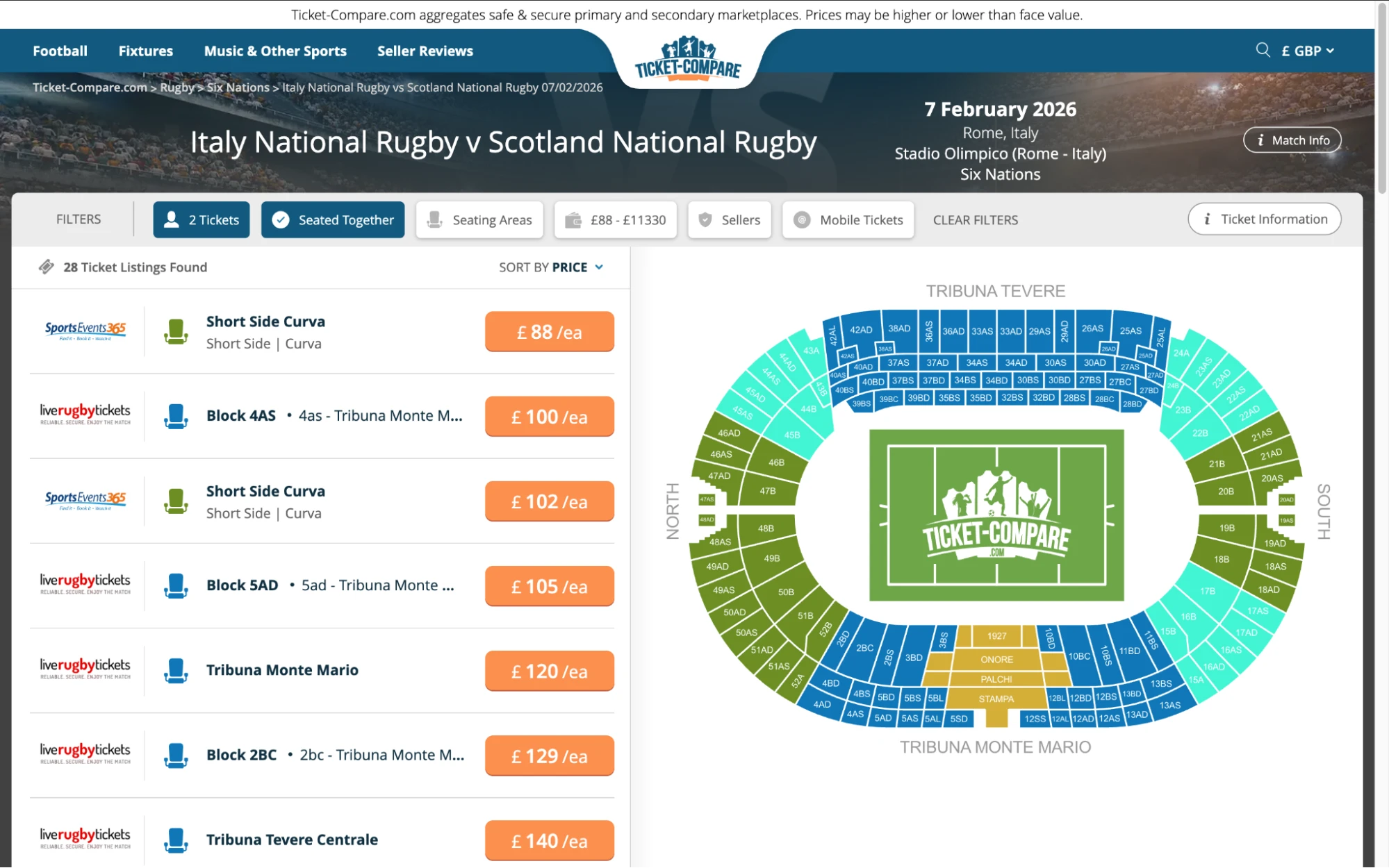 Screenshot of Italy National Rugby v Scotland National Rugby tickets page on Ticket-Compare.com