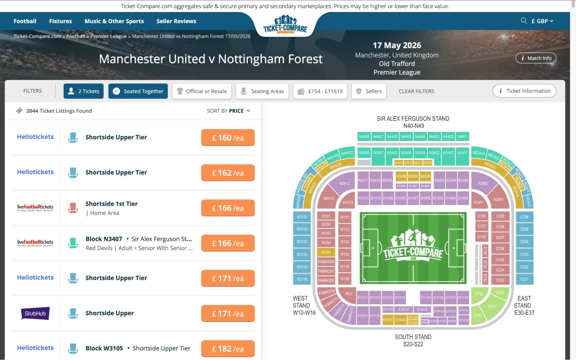 Screenshot of Manchester United v Nottingham Forest tickets