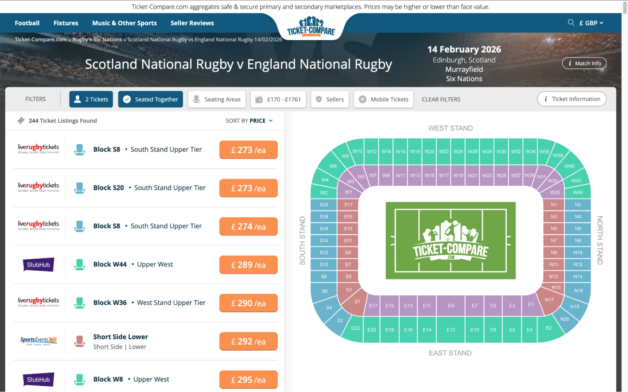 Screenshot of Scotland National Rugby v England National Rugby tickets page